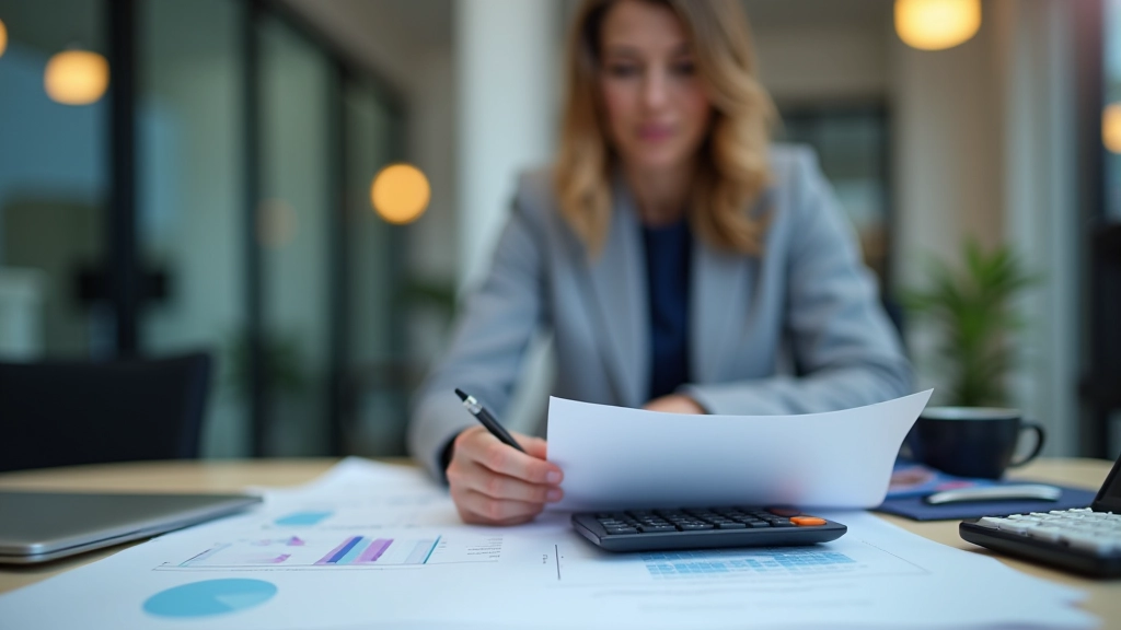 Účetní při práci s tabulkami a kalkulačkou na kancelářském stole