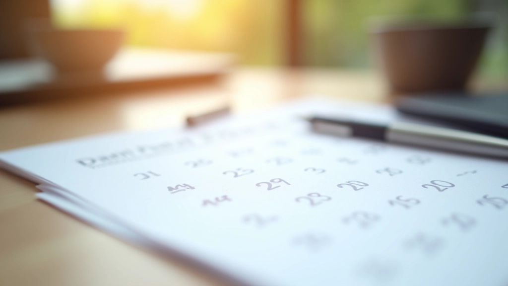 Kalendář na stole se zvýrazněnými daty, pero a poznámka o termínech