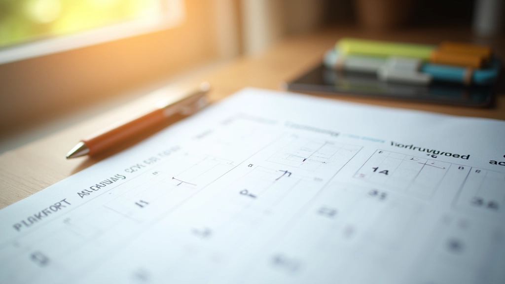 Kalendář s vyznačenými měsíčními termíny, pero a tužka