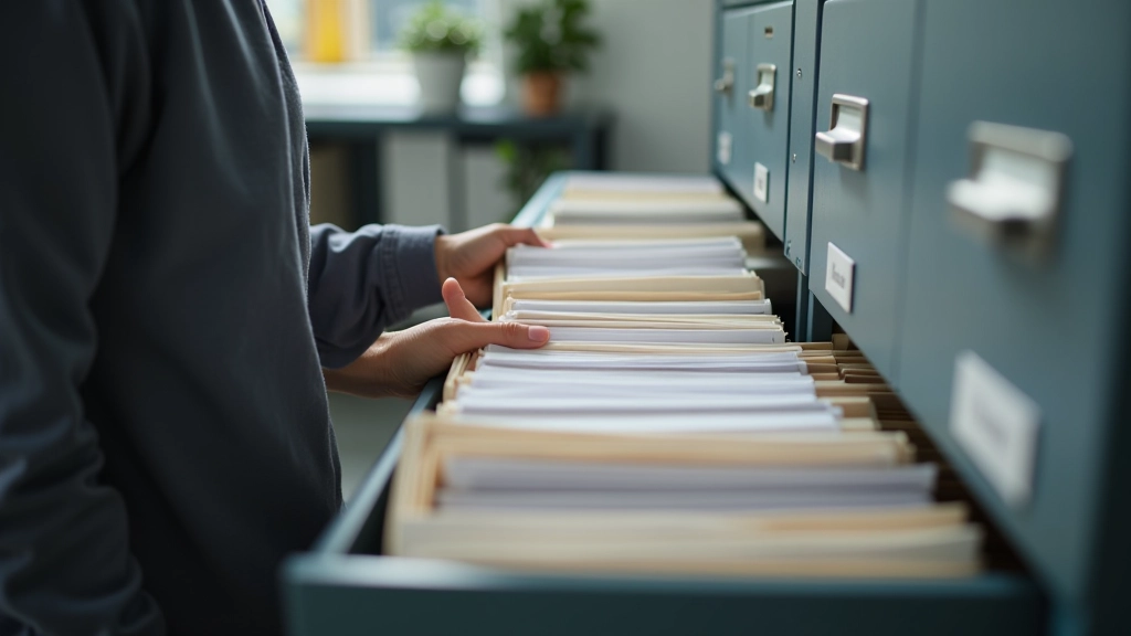 Osoba kontroluje faktury a vkládá je do uspořádaného archivního systému