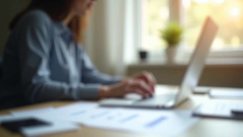 Osoba pracující na notebooku v domácím kanceláři, dokumenty vedle klávesnice, přirozené osvětlení oknem