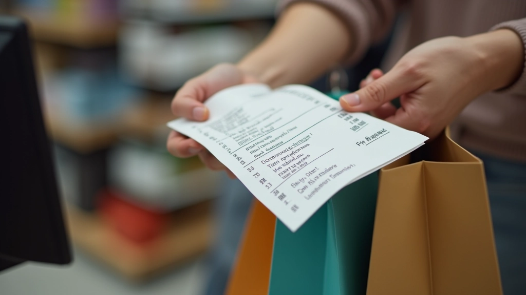 Nákupní tašky a účtenka v ruce, obchodní prostředí s regály v pozadí, detail účtenky se sadzbou DPH