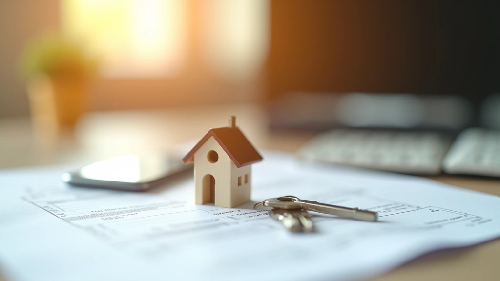 Modelka domu na stole s klíčem a dokumentem o vlastnictví, domácí interiér, symbolika vlastnictví nemovitosti